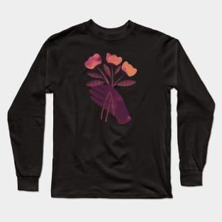 Brown hand with brown orange and pink flowers on black background Long Sleeve T-Shirt